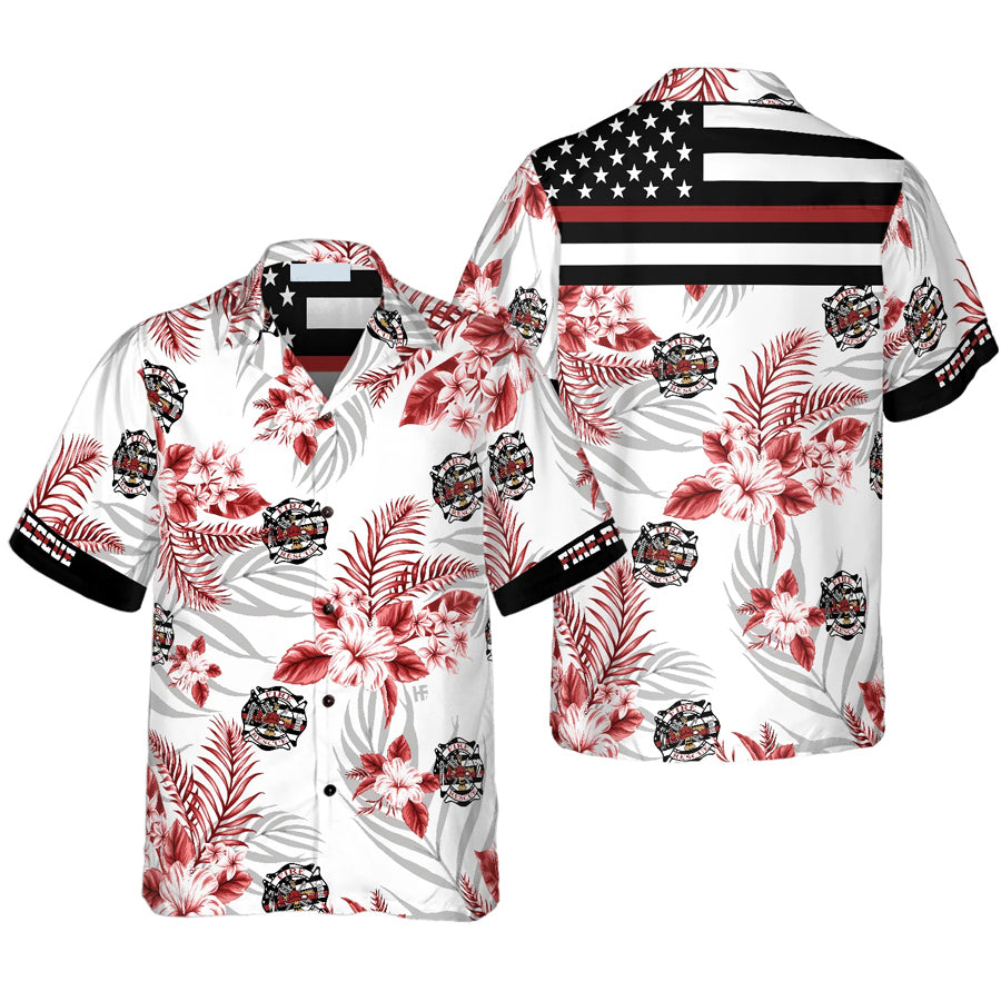 The Red Line Black American Flag Firefighter Hawaiian Shirt/ Red Texas Bluebonnet Fire Dept Logo Firefighter Shirt For Men