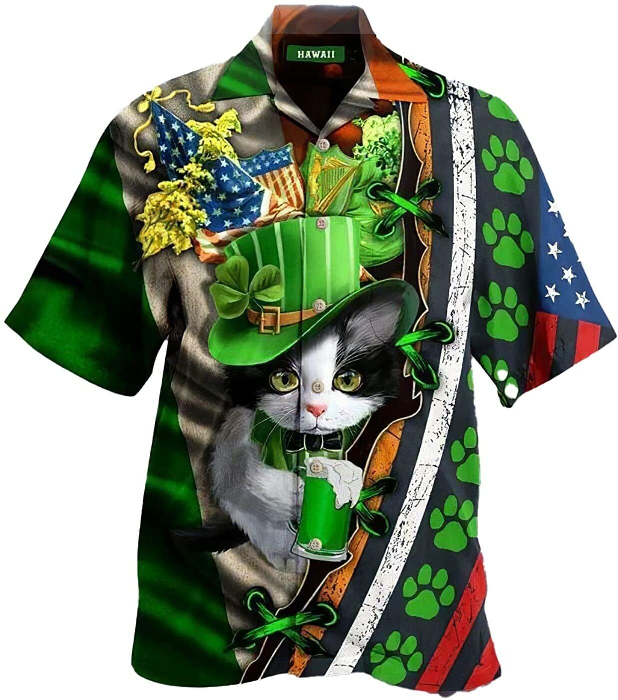 Cat St Patrick''s Day Hawaiian Shirt/ Shamrock Shirt/ Irish hawaiian Shirt