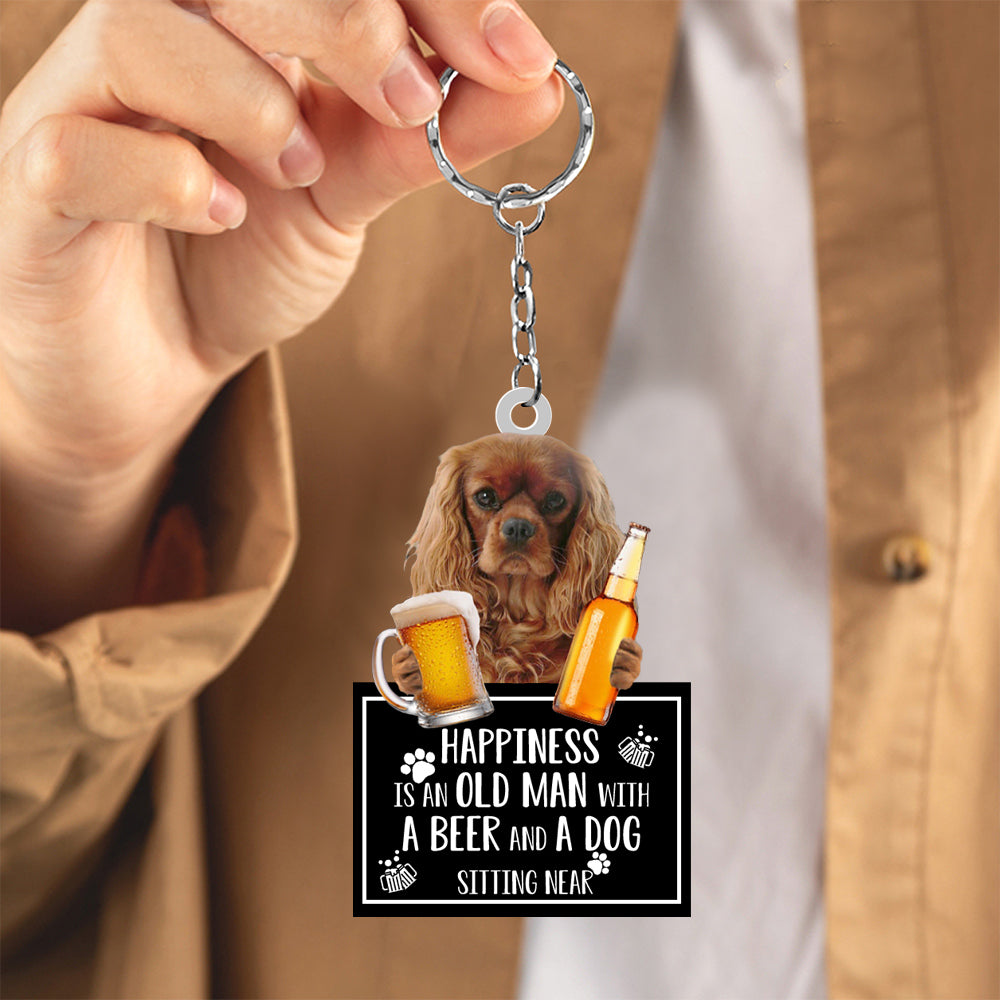 Cavalier King Charles Spaniel Happiness Is An Old Man With A Beer And A Dog Sitting Near Acrylic Keychain