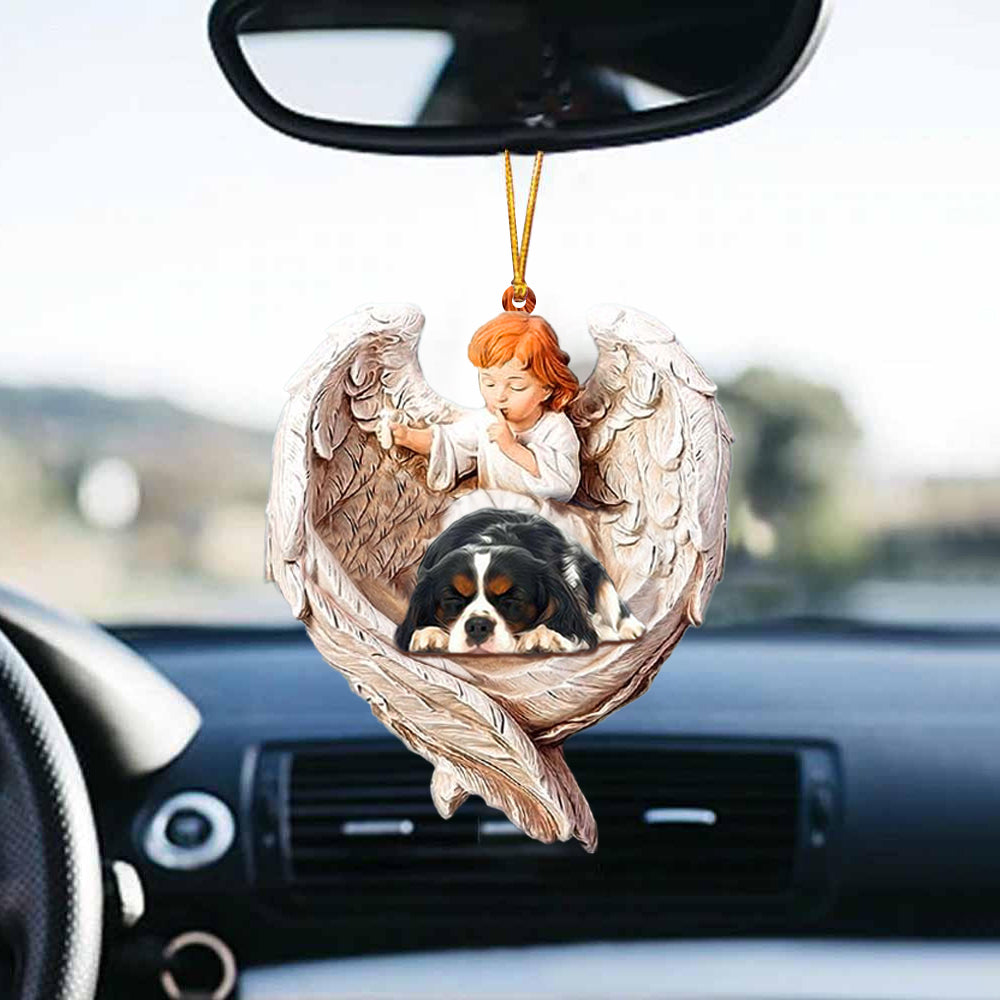 Sleeping Cavalier King Charles Spaniel Protected By Angel Car Hanging Ornament