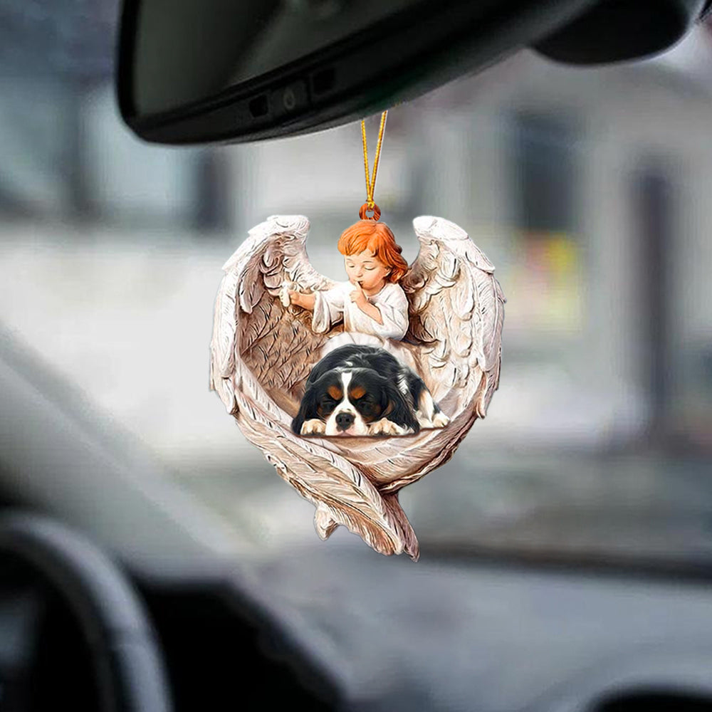 Sleeping Cavalier King Charles Spaniel Protected By Angel Car Hanging Ornament
