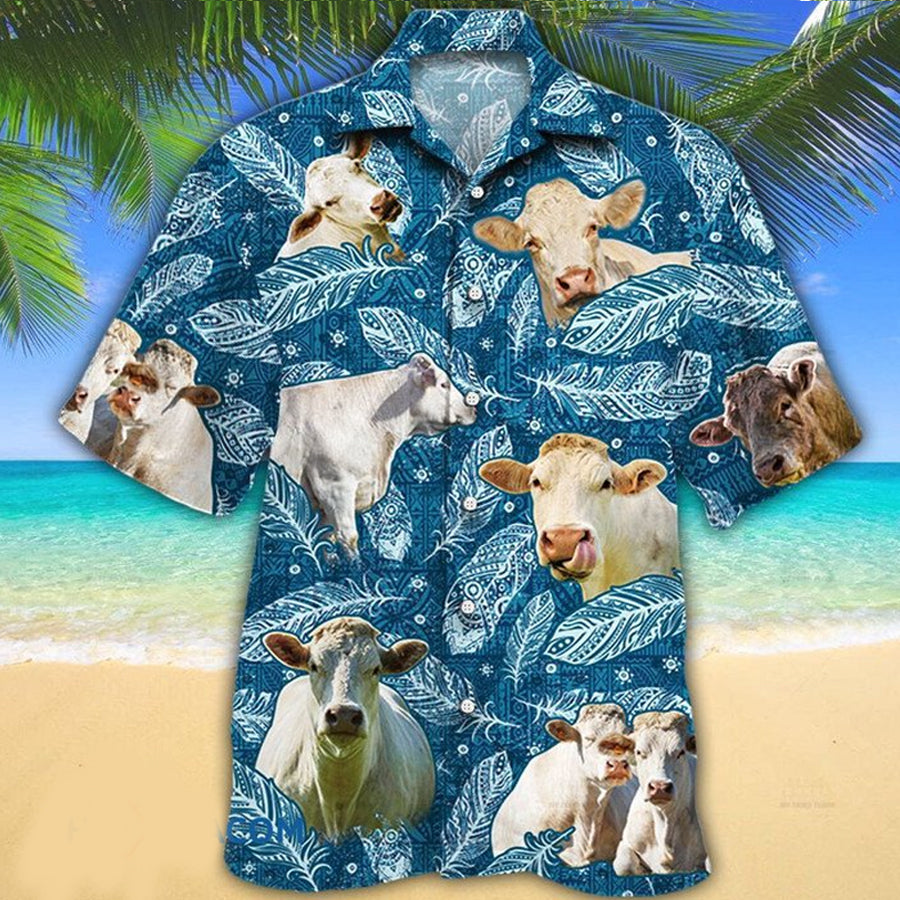 Charolais Cattle Lovers Blue Feather Hawaii Hawaiian Shirt