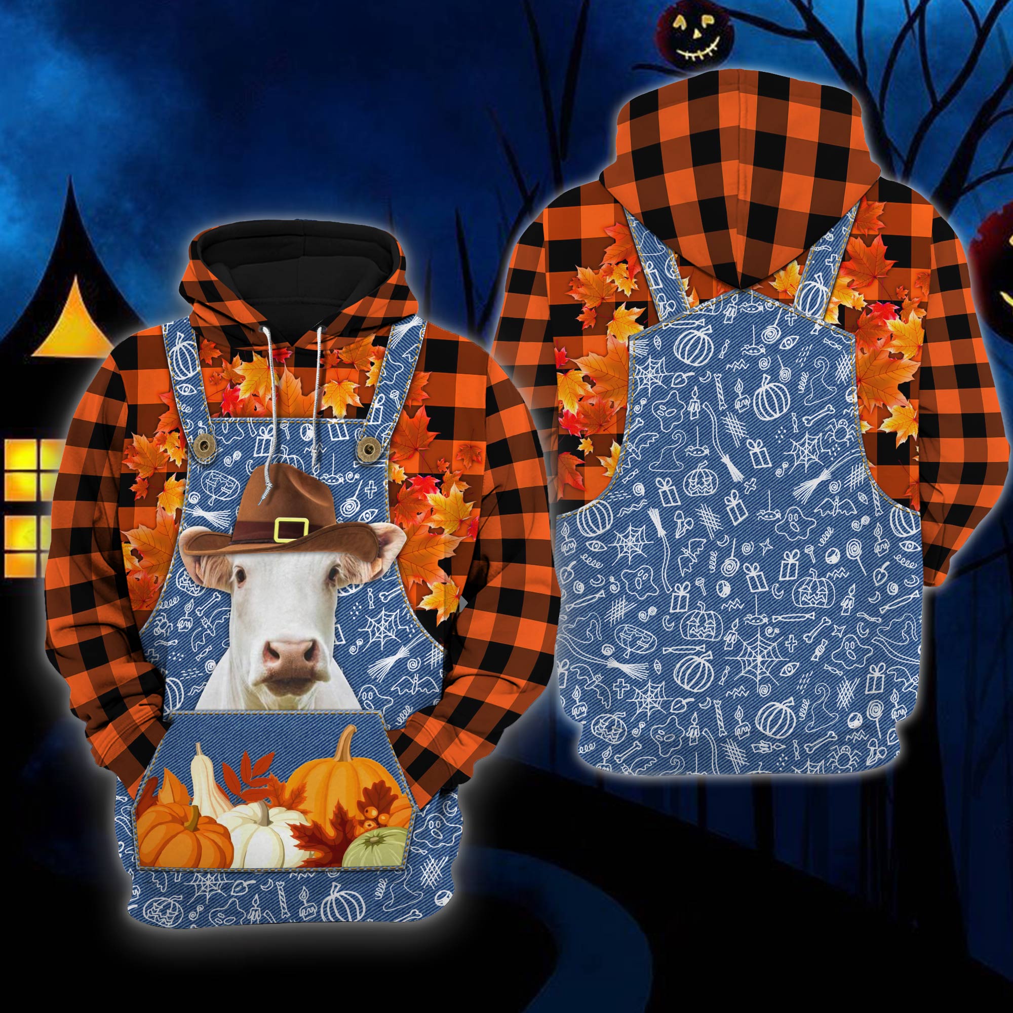 Cow Halloween Hoodies/ Happy Halloween Charolais Orange Plaid All Printed 3D Unisex Hoodie