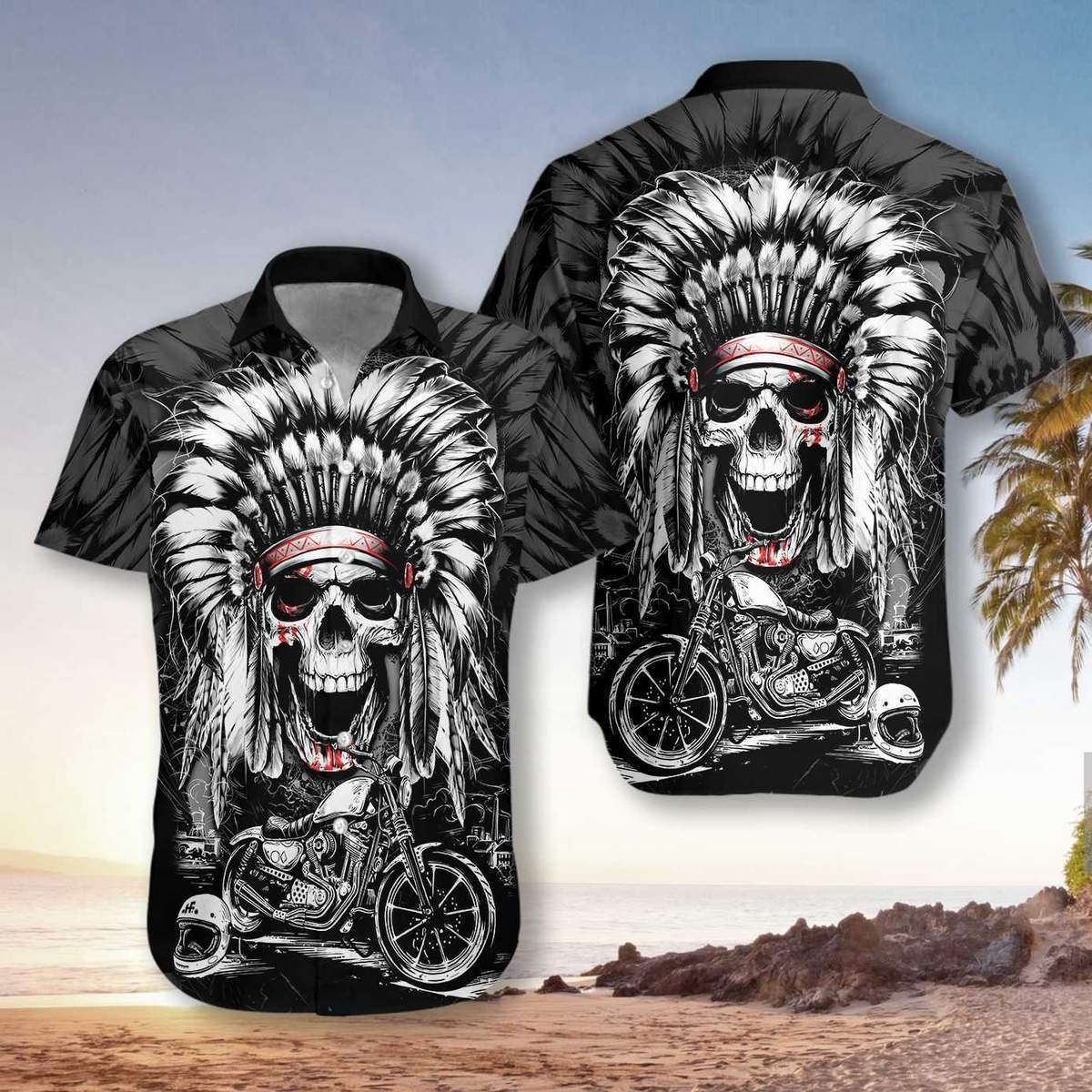 Chief Skull Motorcycle Unisex Hawaiian Shirt For Men & Women/ Skull Flower Hawaiian Aloha Shirt