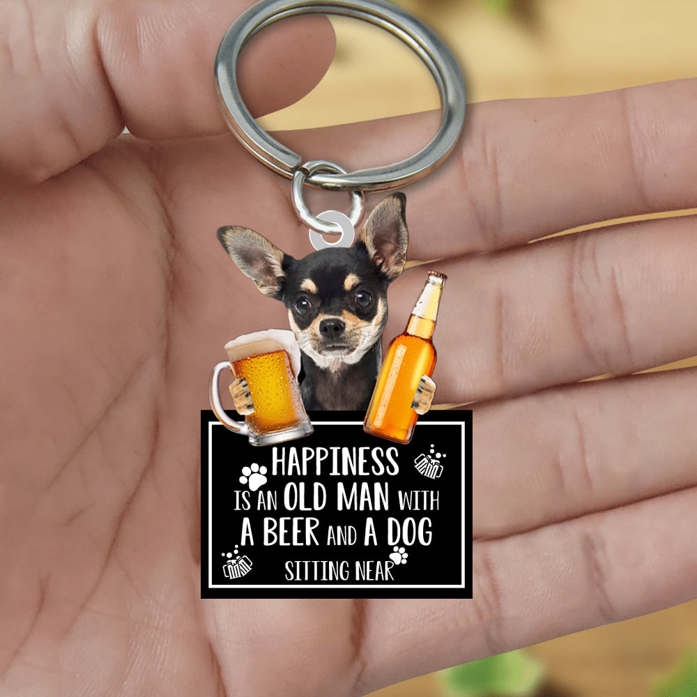 Chihuahua  Happiness Is An Old Man With A Beer And A Dog Sitting Near Acrylic Keychain