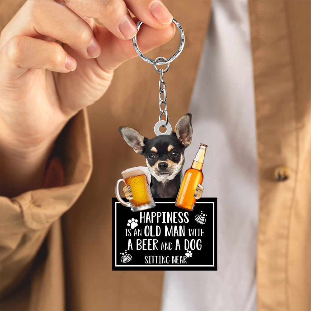 Chihuahua  Happiness Is An Old Man With A Beer And A Dog Sitting Near Acrylic Keychain