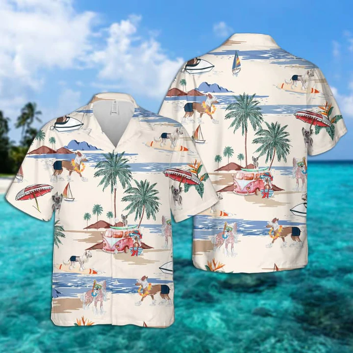 Chinese Crested Dog Summer Beach Hawaiian Shirt/ Hawaiian Shirts for Men Short Sleeve Aloha Beach Shirt
