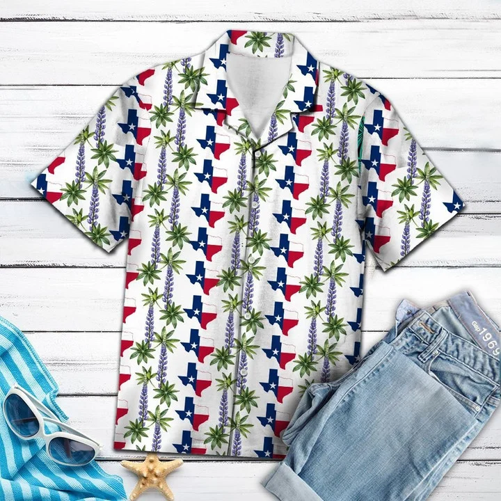 Classic Map Of Texas Flag Bluebonnet And Leaves Pattern Hawaiian Shirt