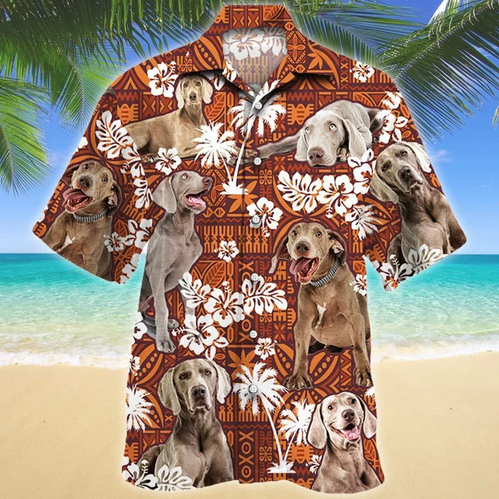 Clever Weimaraner Dog Lovers Red Tribal Pattern Tropical Design Hawaiian Shirt