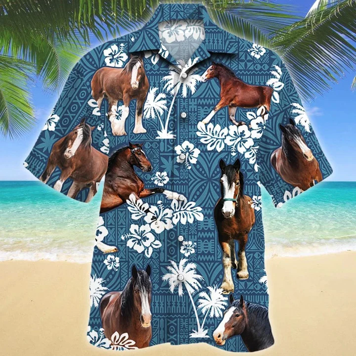 Clydesdale Horse And Hibiscus On Blue Tribal Pattern Hawaiian Shirt