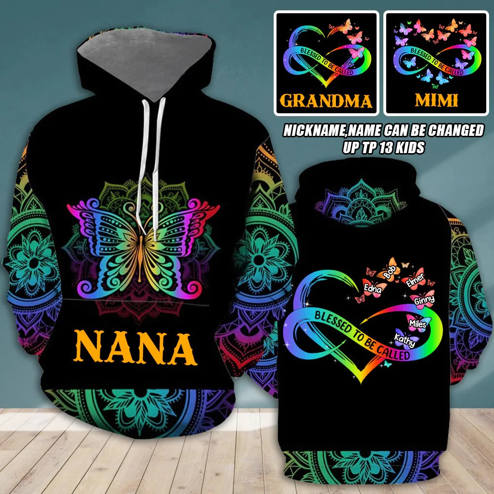 Personalized Colorful Butterfly Vintage Nana Grandma Kids Hoodie 3D All Over Print/ Grandma And Kids Hoodie/ Gift For Nana Gigi