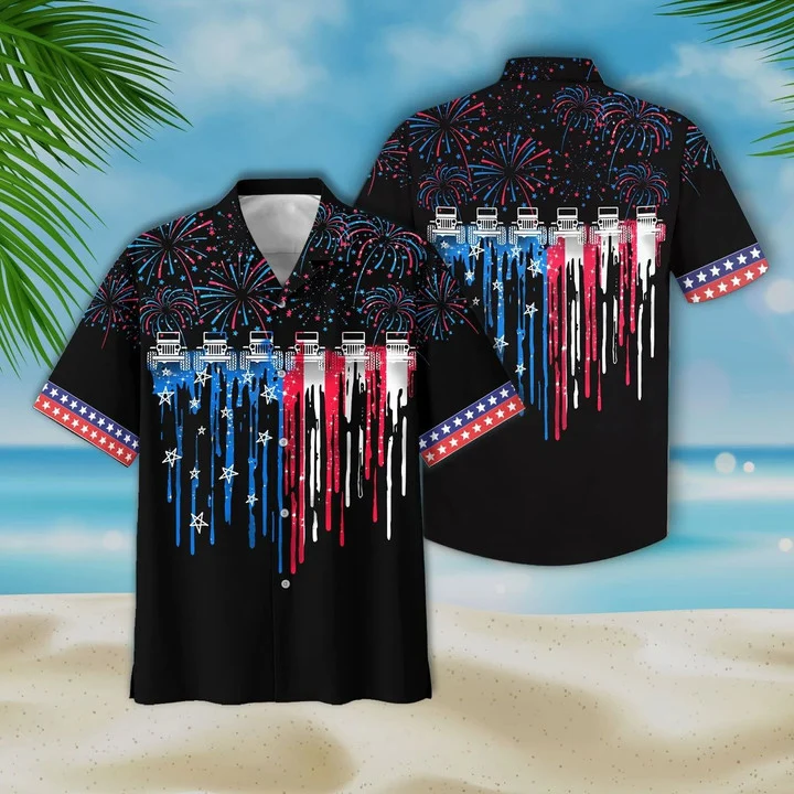 Colorful Firework Black Theme Jee And Flag Hawaiian Shirt