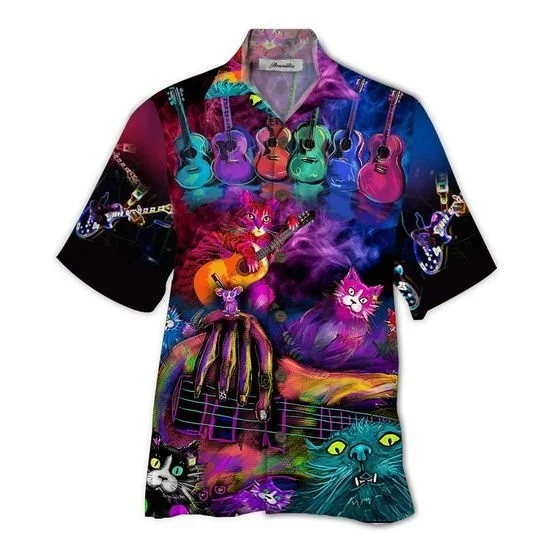 Colorful Guitar Cats Background Design Hawaiian Shirt
