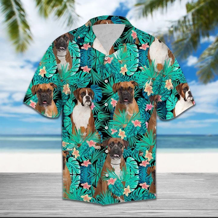 Boxer Hawaiian Shirts/ Summer Shirts/ Dog Lover Shirts/ Cool Boxer Tropical Jungle Design Hawaiian Shirt
