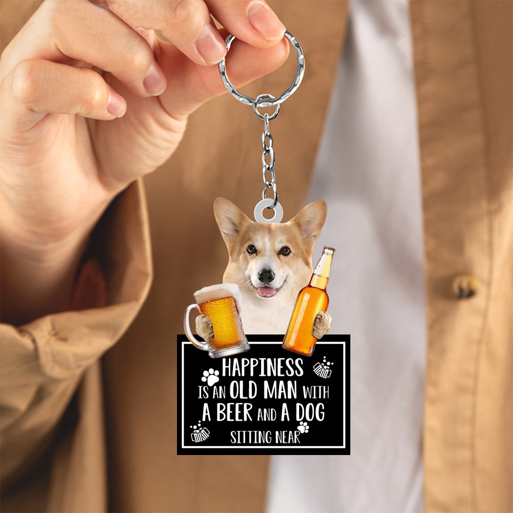 Corgi  Happiness Is An Old Man With A Beer And A Dog Sitting Near Acrylic Keychain