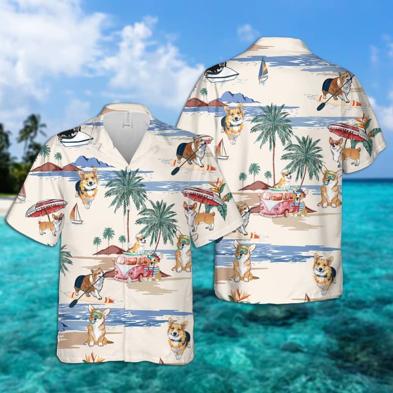 Corgi Summer Beach Hawaiian Shirt/ dog beach Short Sleeve Hawaiian Shirt