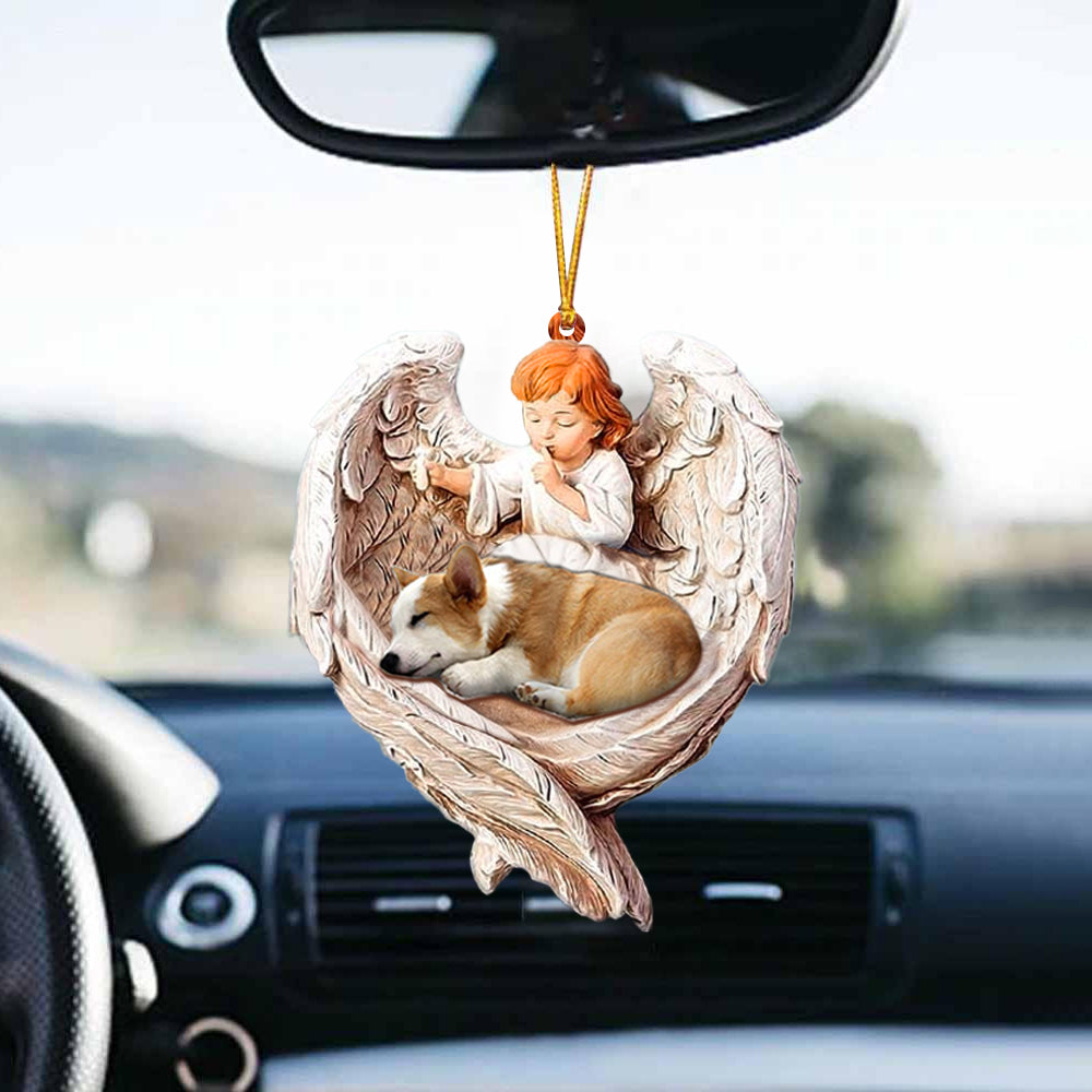 Sleeping Corgi Protected By Angel Car Front Mirror Hanging Ornament