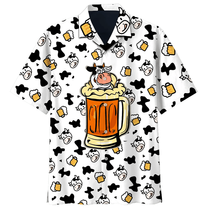 Cow And Beer Cow Skin Pattern Black And White Theme Hawaiian Shirt