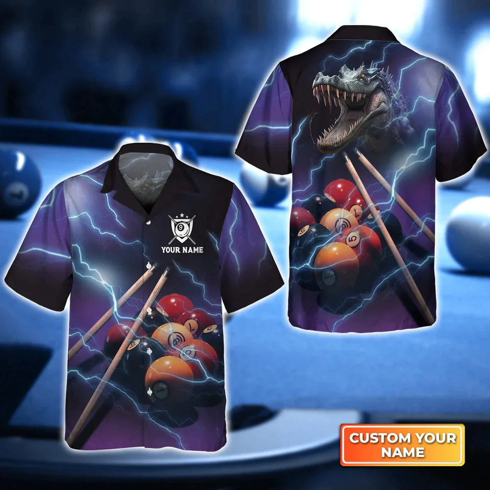 Crocodile Billiard 9 Ball Thunder Lightning 3D Hawaiian Shirt/ Billiard team shirt/ Billiard shirt for men and women