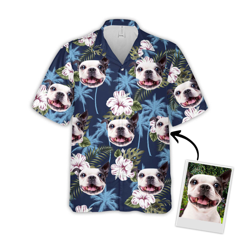 Custom Image Dog Blue Palm Tree and Flower Pattern Hawaiian Shirt/ Gift for Dog Lovers