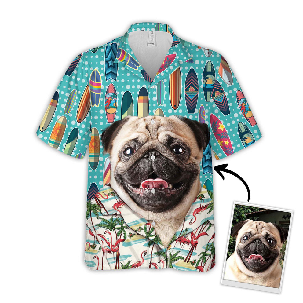 Upload Photo Dog Surfing Pattern Short-Sleeve Hawaiian Shirt/ Gift for Dog Lover/ Hawaiian Shirt Men Women
