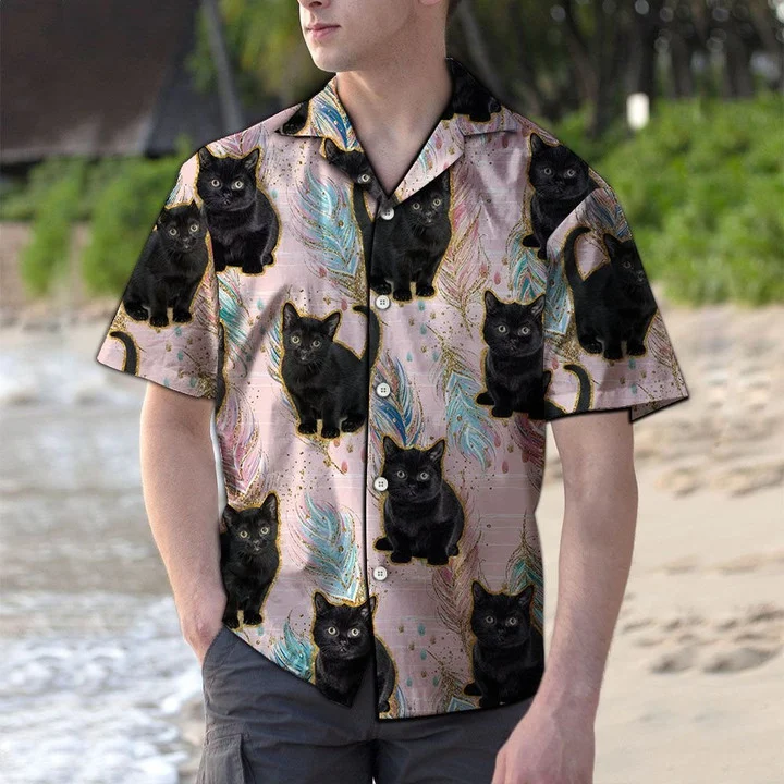 Cute Baby Black Cat Boho Feather Pattern Hawaiian Shirt
