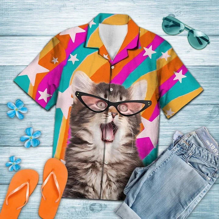 Cute Pink Glasses Cat Smile To The World Hawaiian Shirt/ Gift for cat lovers