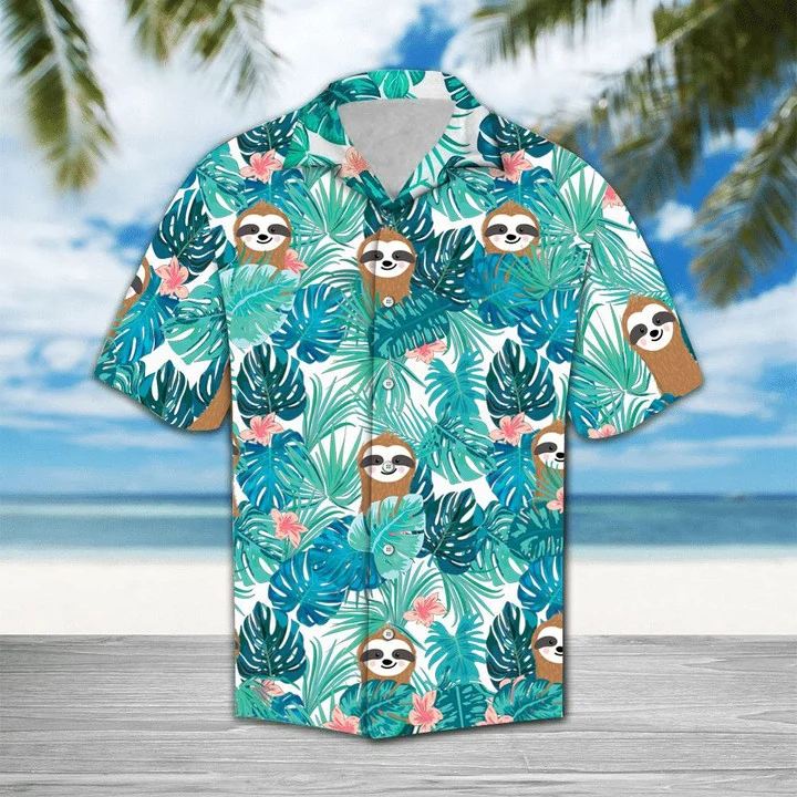 Cute Sloth On Tropical Forest Pattern Blue Theme Hawaiian Shirt