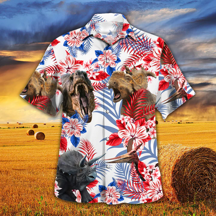 Dinosaur Lovers American Flag Hawaiian Shirt/ Dinosaur aloha Hawaiian shirt/ Flowers Aloha Shirt For Men/ Women