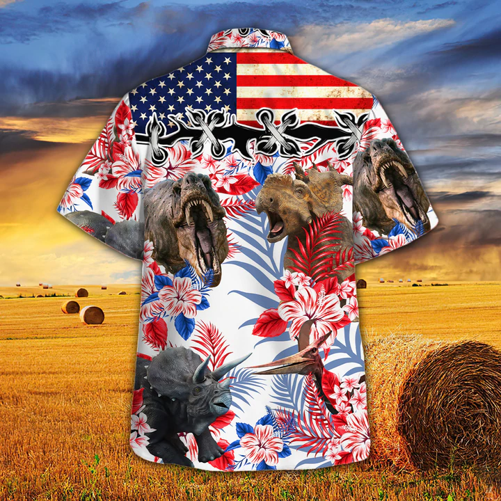 Dinosaur Lovers American Flag Hawaiian Shirt/ Dinosaur aloha Hawaiian shirt/ Flowers Aloha Shirt For Men/ Women