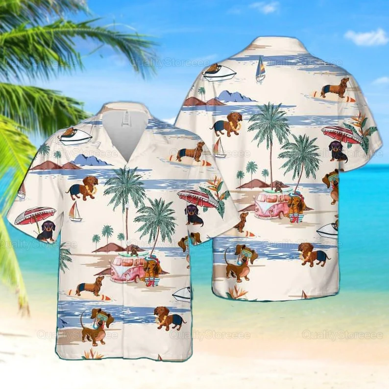 Dachshund Beach Summer Hawaiian Shirt/ Dachshund Button Shirt/ Dachshund Beach Shirt