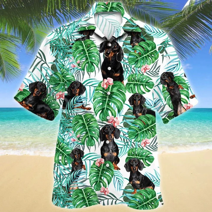Dachshund Dog Tropical Plant White Theme Hawaiian Shirt