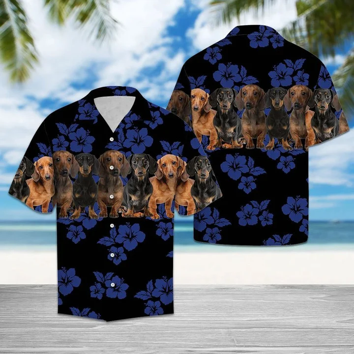 Dachshund Dogs With Blue Hibiscus In Black Hawaiian Shirt for men and women/ Gift for dog lovers