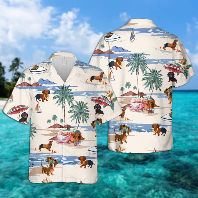 Dachshund Summer Beach Hawaiian Shirt/ dog beach Short Sleeve Hawaiian Shirt