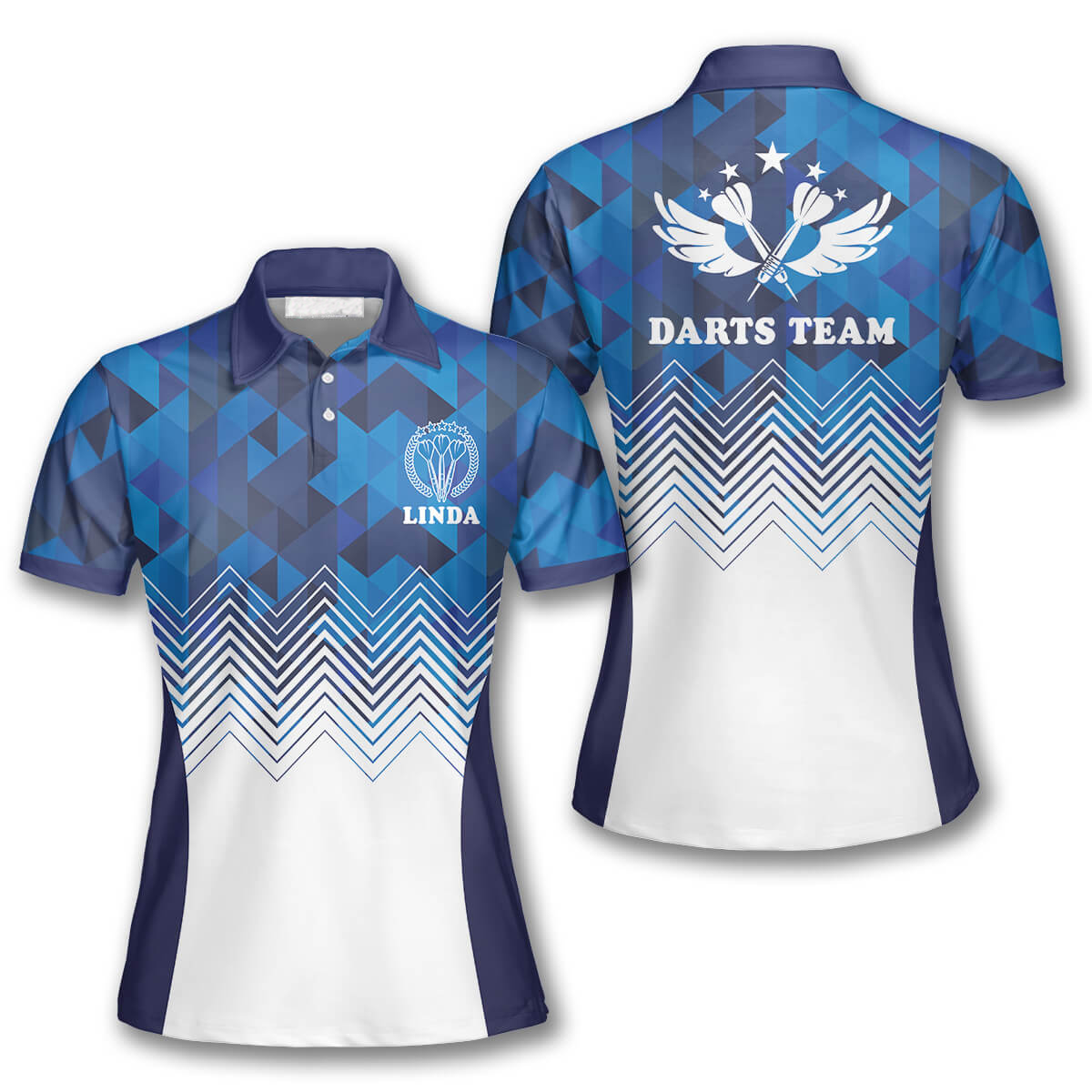 Blue White Custom Darts Shirts for Women/ 3D All Over Print Dart Polo Shirt