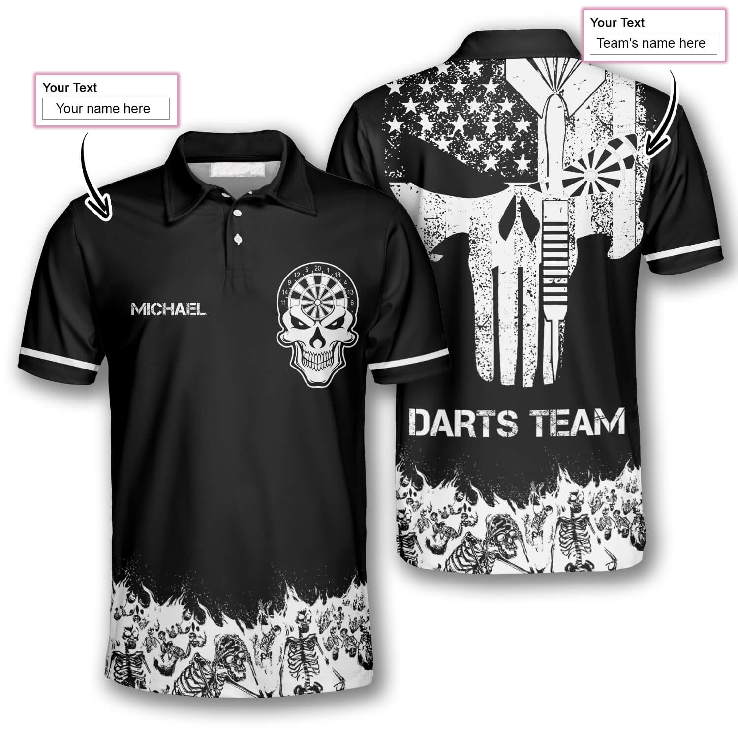 Skull Skeletons Black White Version Custom Darts Shirts for Men/ Shirt Uniform Team Dart
