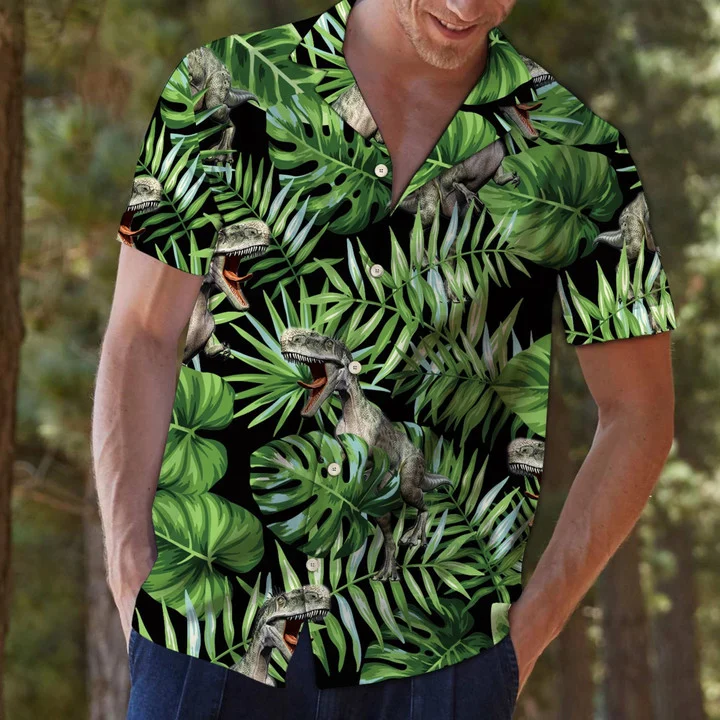 Dinosaur In Deep Forest Design Hawaiian Shirt
