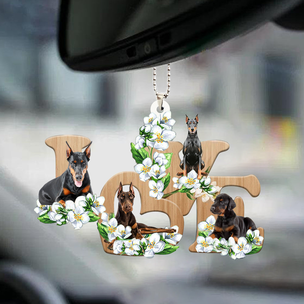 Cute Doberman Love Flowers Dog Lover Car Hanging Ornament