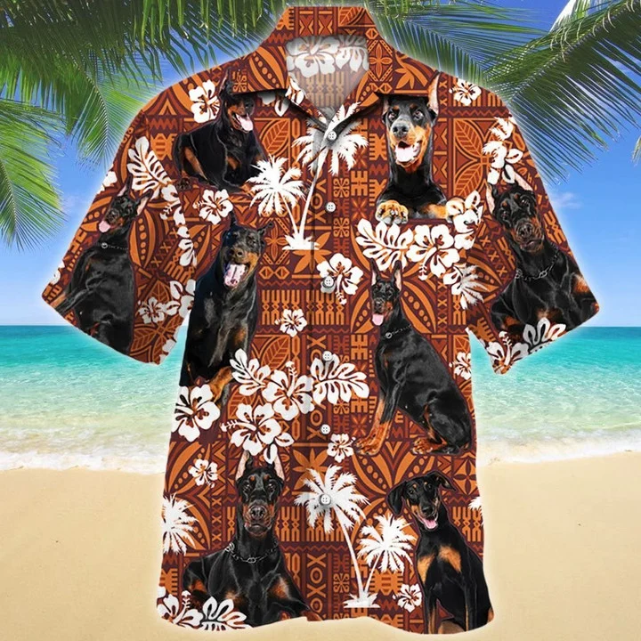 Doberman Pinscher Cute Face Dog Lovers Red Tribal Hawaiian Shirt/ Short Sleeve Hawaiian Aloha Shirt for men and women