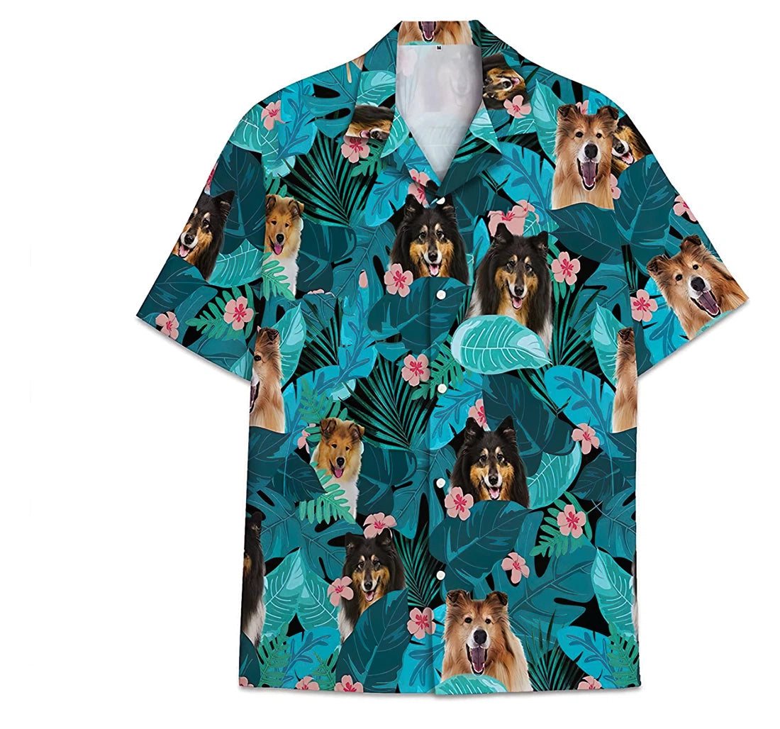 Dog Shetland Sheepdogs Pattern Short Tall Hawaiian Shirt/ Button Up Aloha Shirt For Men/ Women