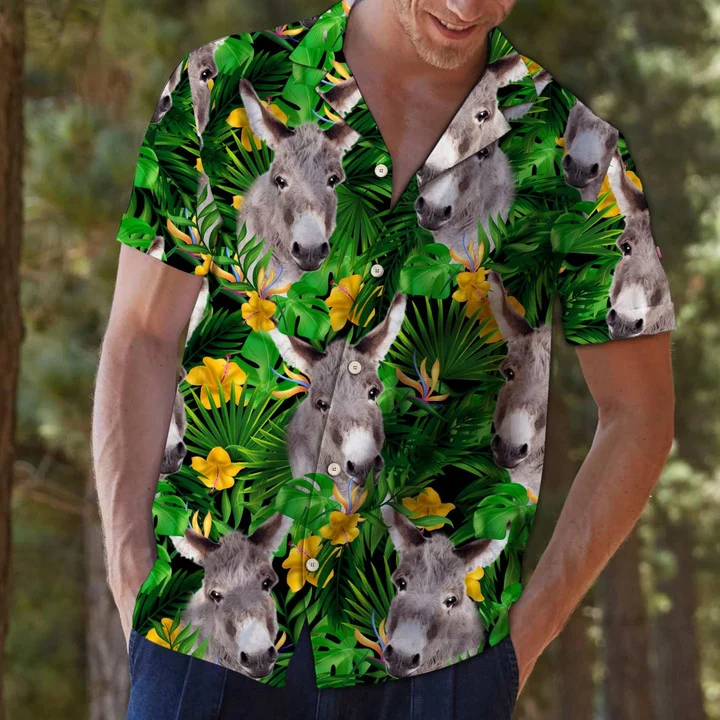 Donkey With Yellow Flowers And Green Leaves Hawaiian Shirt