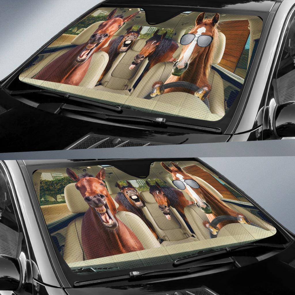 Horse Family Driving The Car Sun Shade/ Best Car Sunshade Summer