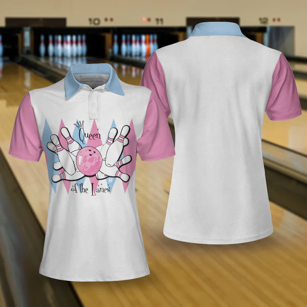 Queen Of The Lanes Pink And Blue Bowling Short Sleeve Women Polo Shirt/ Bowling Shirt For Ladies Coolspod