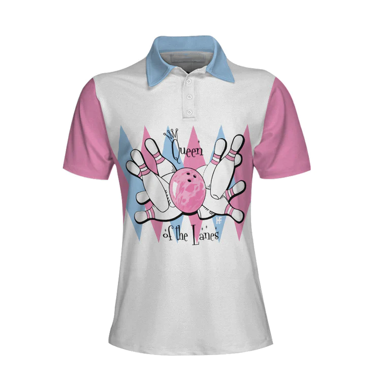 Queen Of The Lanes Pink And Blue Bowling Short Sleeve Women Polo Shirt/ Bowling Shirt For Ladies Coolspod