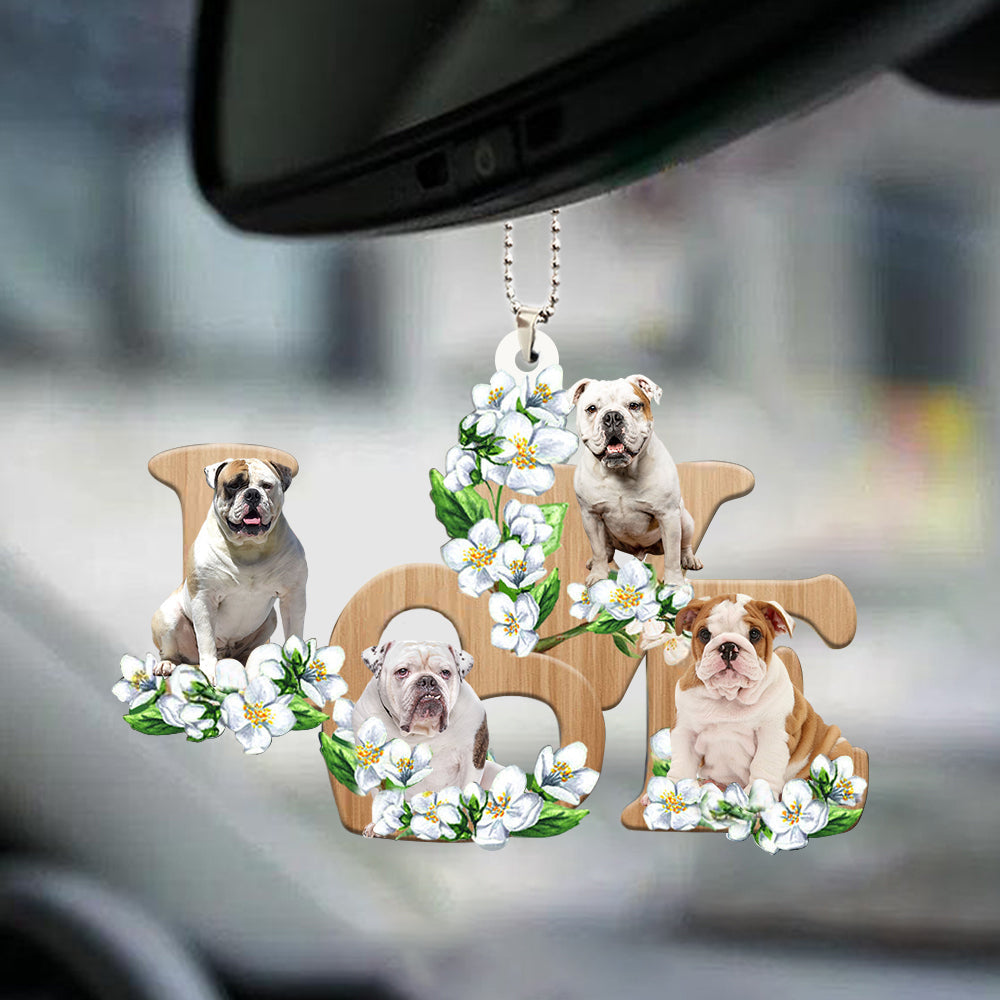 English Bulldog Love Flowers Dog Lover Car Hanging Acrylic Ornament