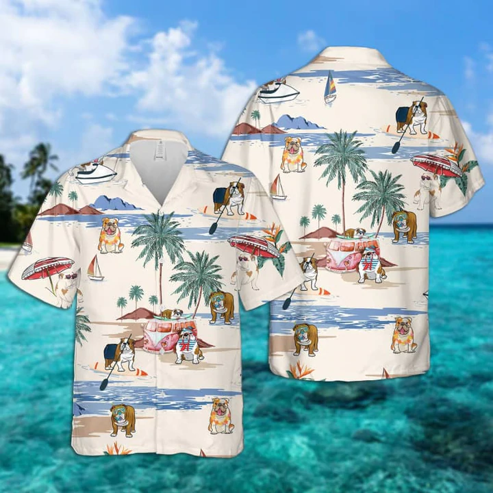 English Bulldog Summer Beach Hawaiian Shirt/ Hawaiian Shirts for Men Short Sleeve Aloha Beach Shirt