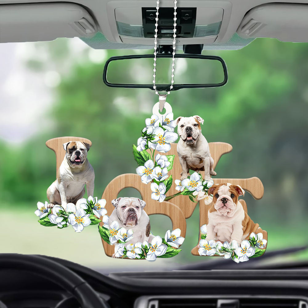 English Bulldog Love Flowers Dog Lover Car Hanging Acrylic Ornament