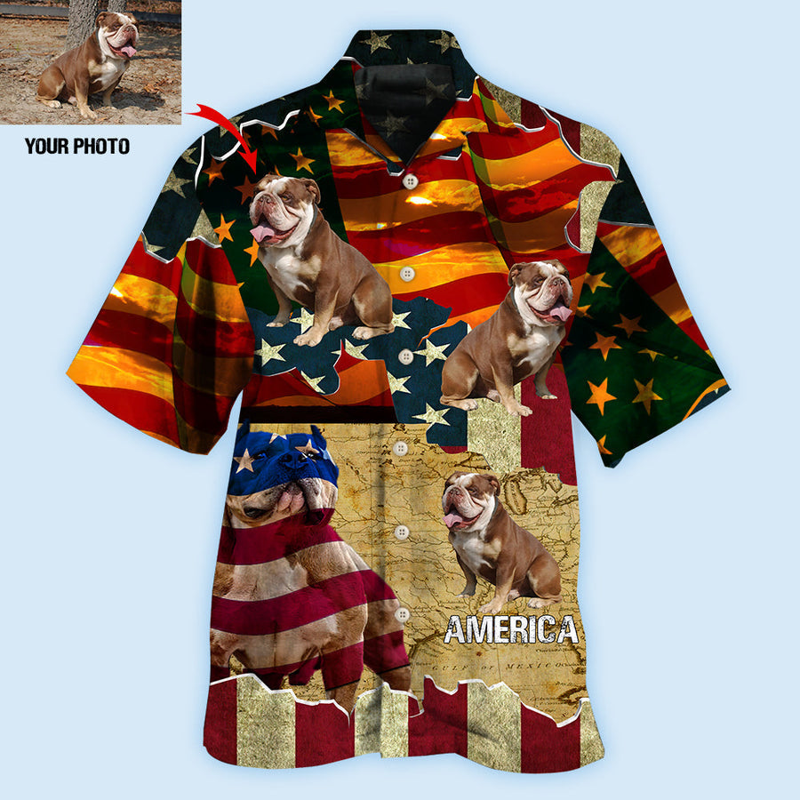 English Bulldog America Sunset Custom Photo Hawaiian Shirt/ Gift for Dog Lover/ Flag Shirt