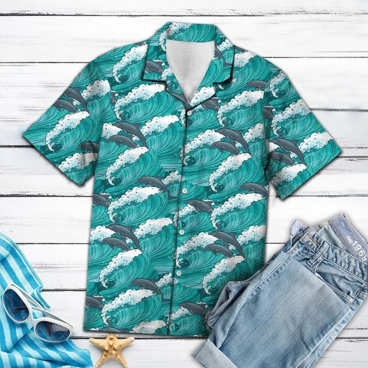 Enticing Dolphin Jumping On Huge Waves Pattern Hawaiian Shirt