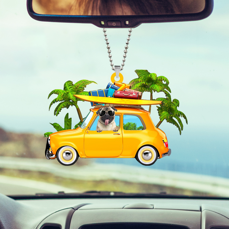 Fawn Pug Funny Ornaments/ Yellow Sports Car Two Sides Ornament/ Cute Ornament For Him Her